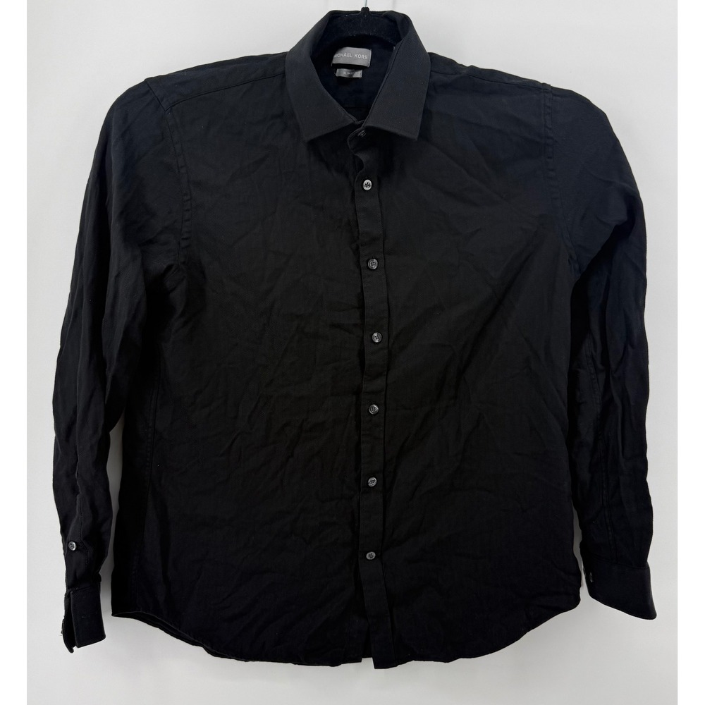 Michael Kors Mens Slim Fit Herringbone Button Down Shirt Black 16.5 34/35 L
